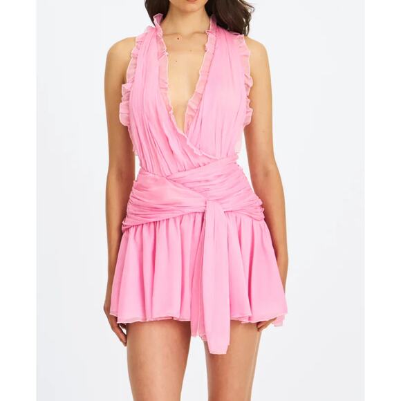 Miss Circle Chiffon Wrap Mini Dress Odelle Crinkle Size XS in Pink - Picture 6 of 7